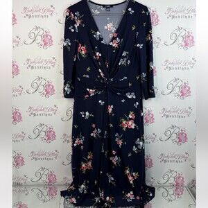 Chaps dress cinched front detail blue Navy Floral Long Sleeve Dress flowers